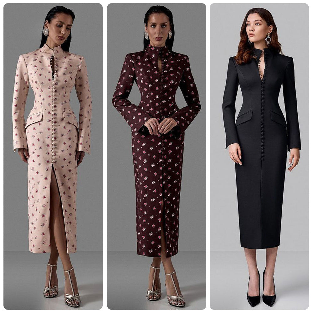 Damen Elegantes Langarmkleid mit floralem Muster und hochgeschlossenem Kragen EB