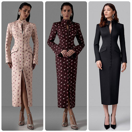 Damen Elegantes Langarmkleid mit floralem Muster und hochgeschlossenem Kragen EB