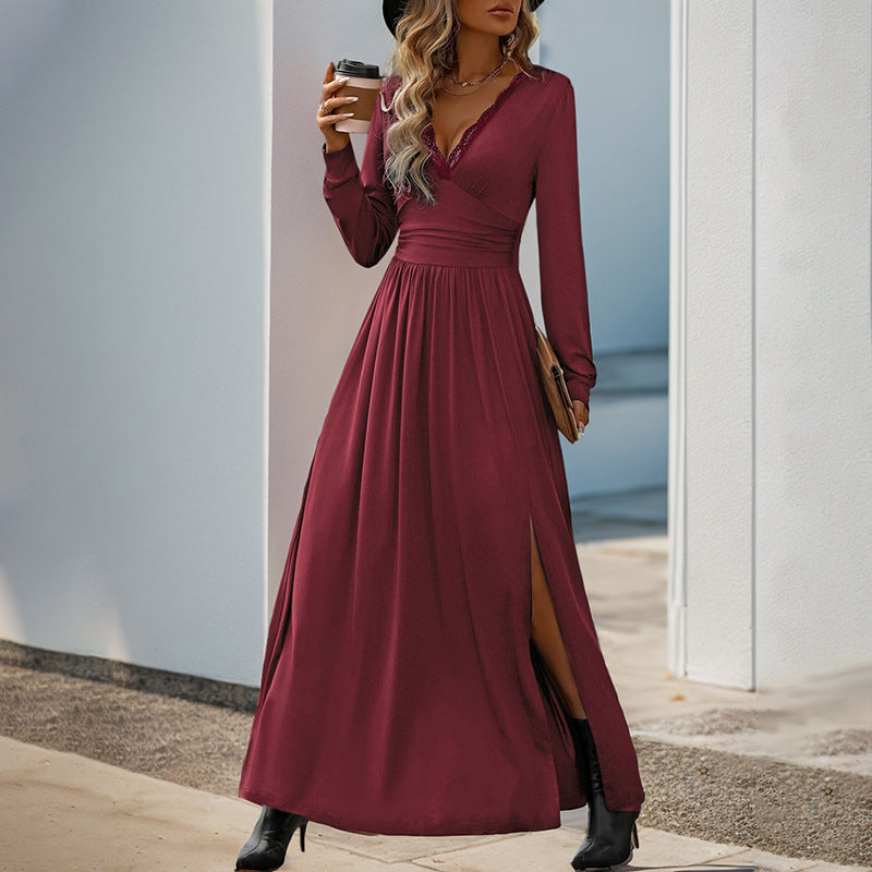 Damen Maxikleid mit tiefem V-Ausschnitt und eleganter Raffung EB