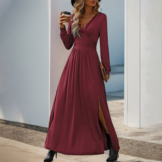 Damen Maxikleid mit tiefem V-Ausschnitt und eleganter Raffung EB