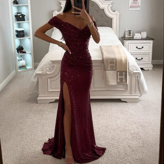 Damen Glamouröses Abendkleid mit schulterfreiem Schnitt und schimmerndem Stoff EB