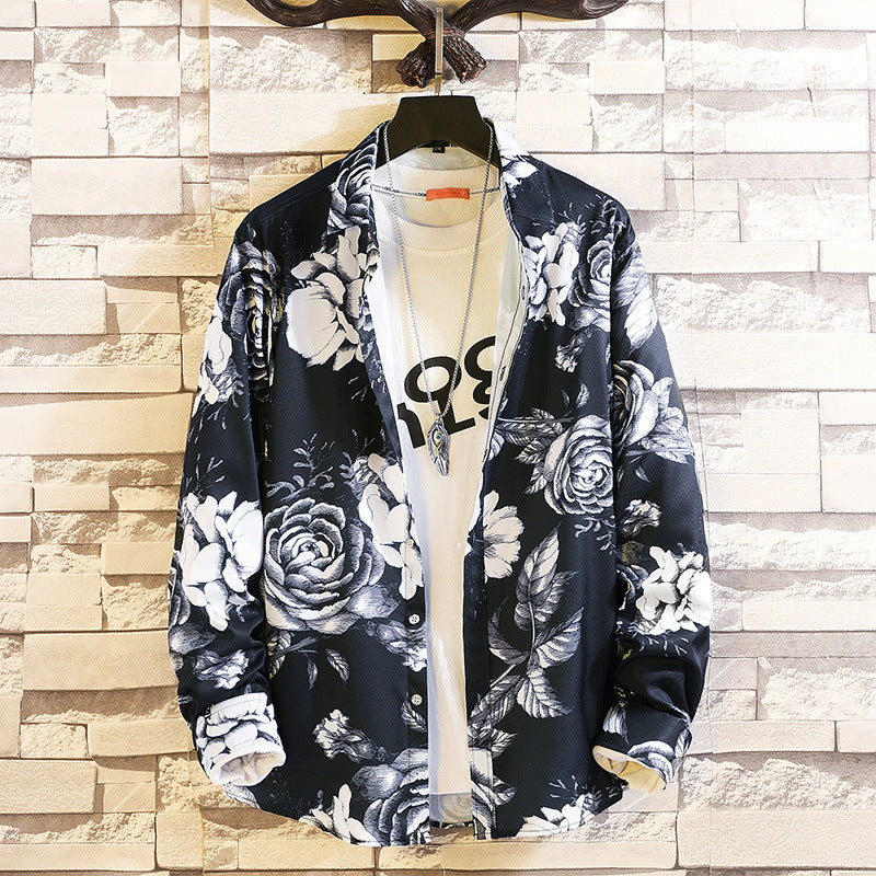 Herren nan langärmliges Hemd mit offenem Reverskragen, kontrastivem Blumenprint und lässiger Regular-Fit Silhouette EB