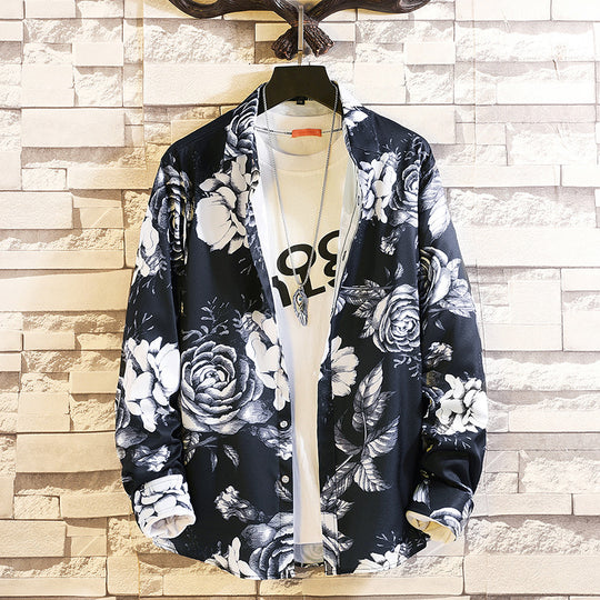 Herren nan langärmliges Hemd mit offenem Reverskragen, kontrastivem Blumenprint und lässiger Regular-Fit Silhouette EB