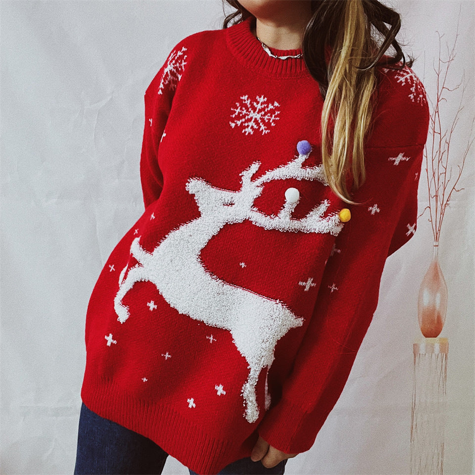 Damen festlicher Pullover mit kreativem Rentier-Motiv und strukturiertem Strick EB
