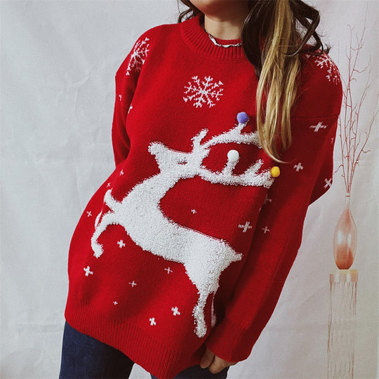 Damen festlicher Pullover mit kreativem Rentier-Motiv und strukturiertem Strick EB