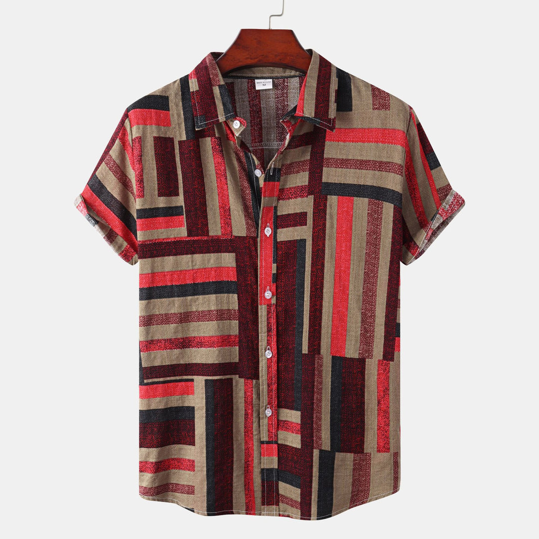Herren Kurzarmhemd mit kreativem Patchwork-Muster und lockerer Passform EB