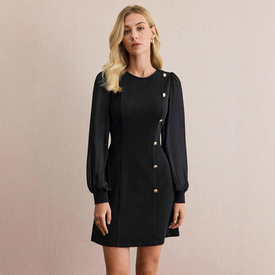 Damen elegantes Minikleid mit Puffärmeln und dekorativen Knopfdetails EB