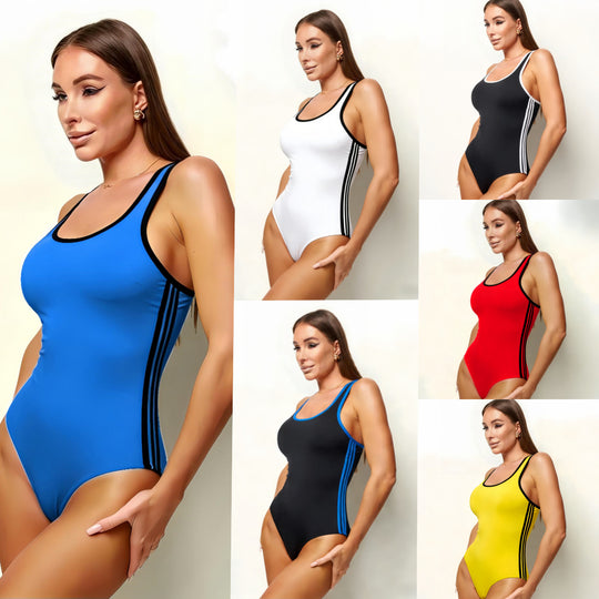 Damen Sportlich eleganter Badeanzug mit kontrastierenden Streifen EB