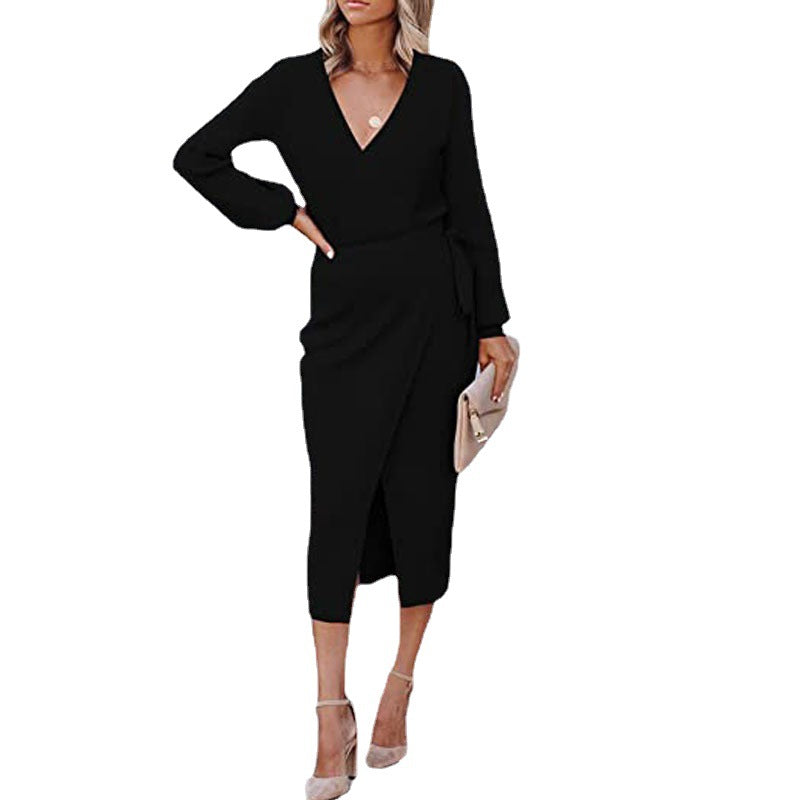 Damen elegantes Wickelkleid mit langem Arm und schickem V-Ausschnitt EB