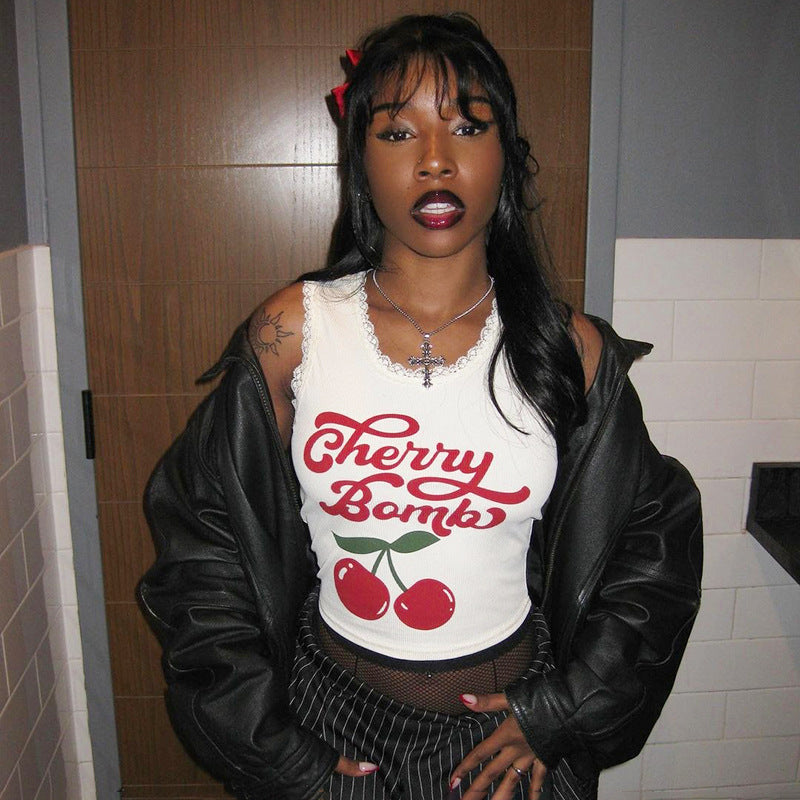 Damen lässiges Crop-Top mit charmantem Spitzenrand und fröhlichem Print EB