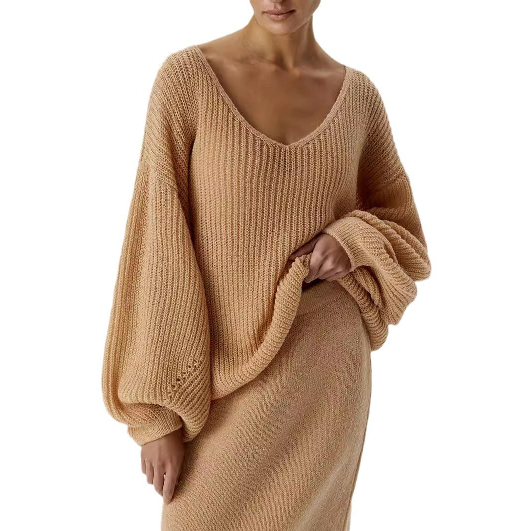 Damen lässiger Strickpullover mit weiten Ärmeln und tiefem V-Ausschnitt EB