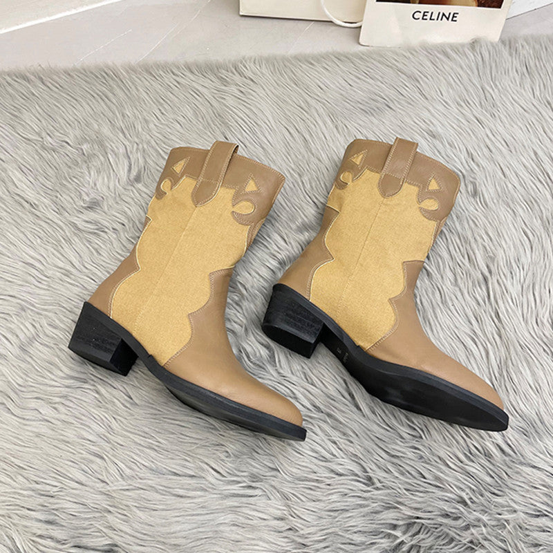 Damen Stiefeletten im Cowboy-Stil mit einzigartigem Design und kompaktem Absatz EB