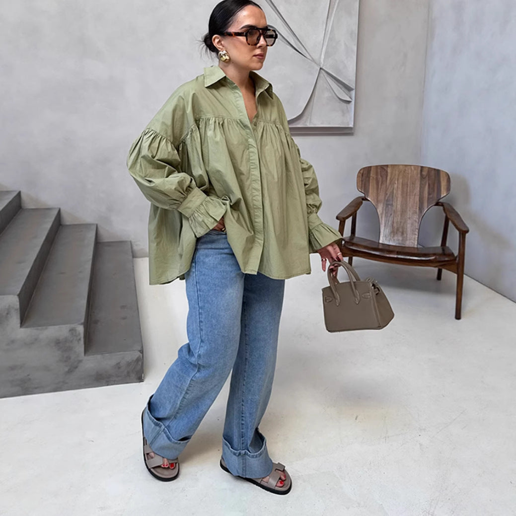 Damen Oversized Bluse mit Rüschendesign EB