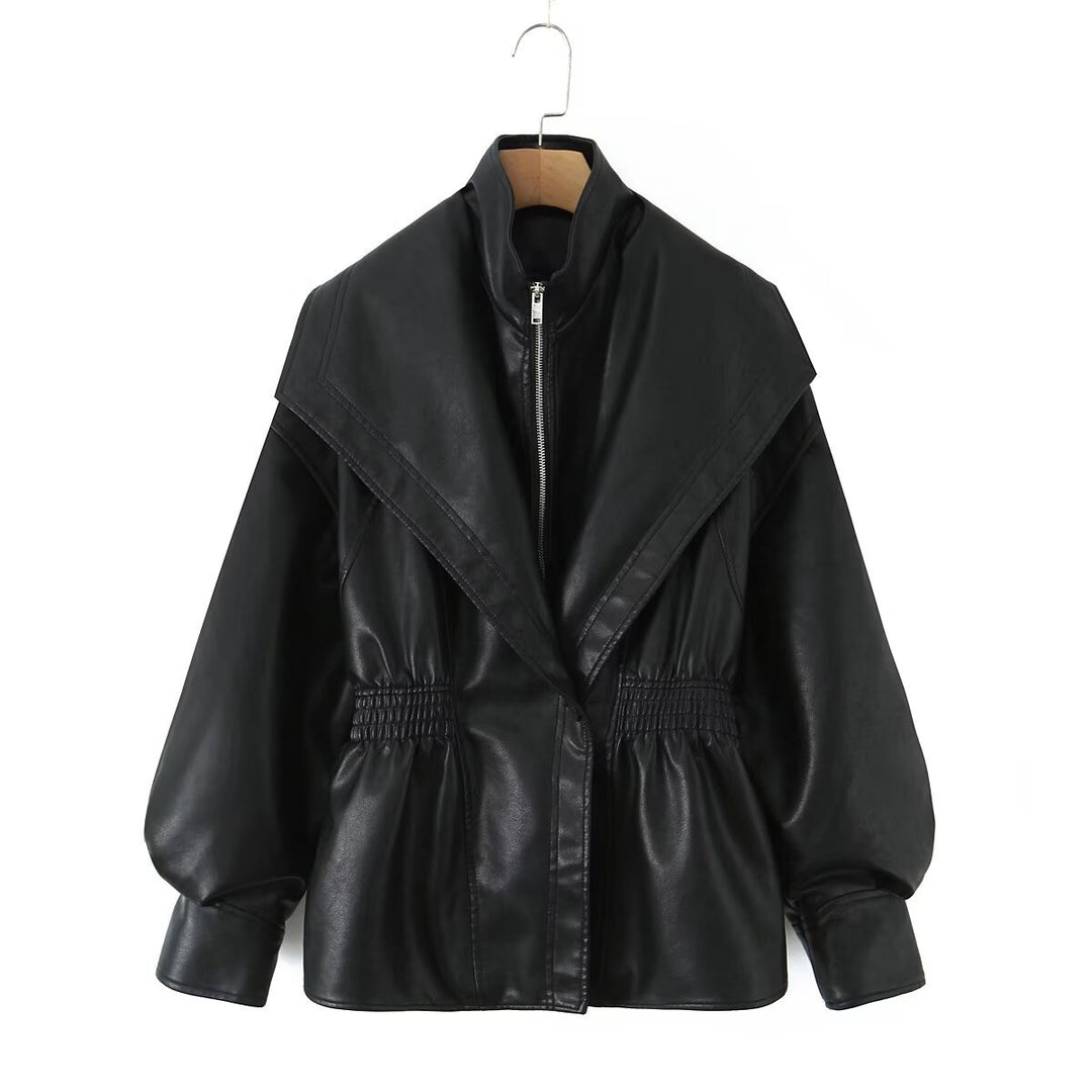 Damen Kunstlederjacke mit asymmetrischem Kragen und tailliertem Schnitt EB