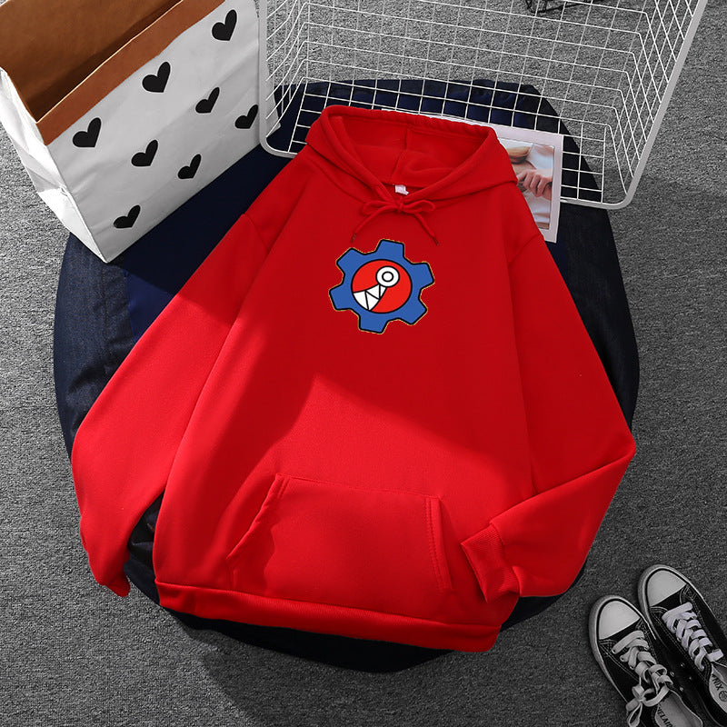 Damen nan oversized Fleece-Kapuzenpullover mit weicher Innenseite, Kängurutasche und appliziertem Zahnrad-Comic-Motiv EB