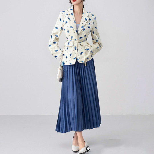 Damen nan taillierter Blumenblazer mit Bindegürtel und Reverskragen EB