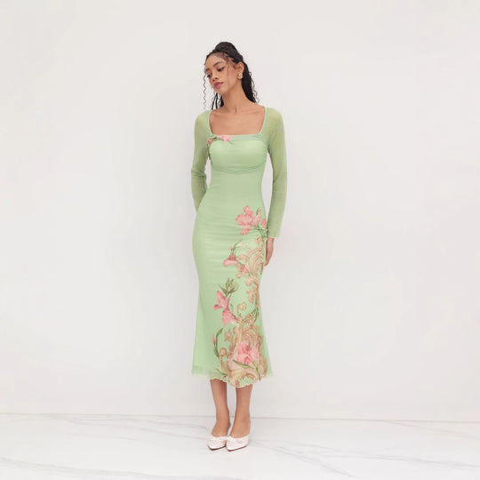 Damen elegantes Midikleid mit floralem Design und transparenten Longsleeves EB