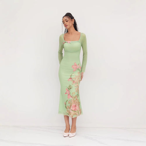 Damen elegantes Midikleid mit floralem Design und transparenten Longsleeves EB