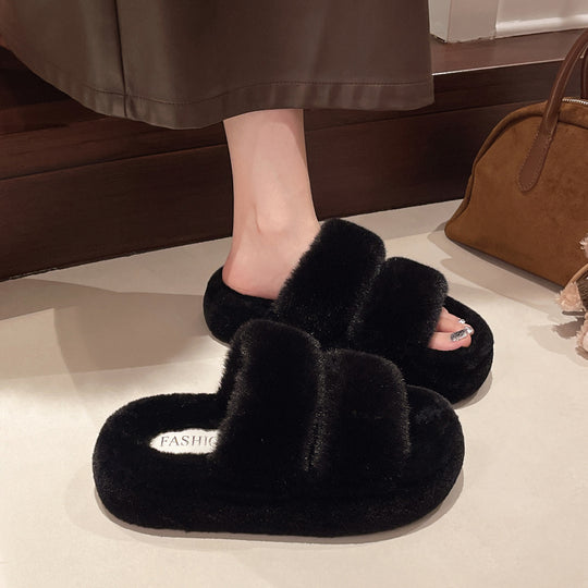 Damen Flauschige Hausschuhe mit doppeltem Riemen EB