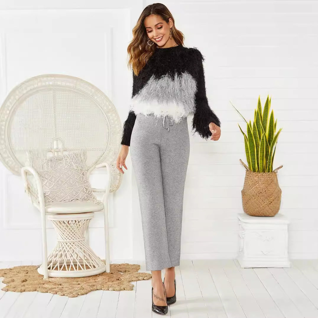 Damen Loungy Strickhose mit elastischem Bund und Kordelzug EB