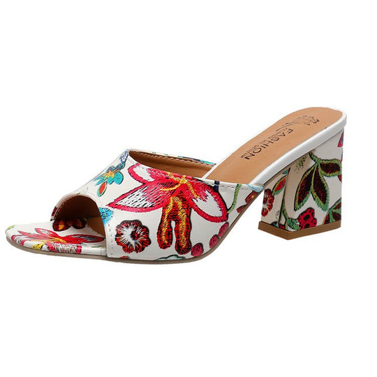 Damen Slip-On Mules mit floralem Allover-Print, mittelhohem Blockabsatz und gepolstertem Komfortfußbett EB