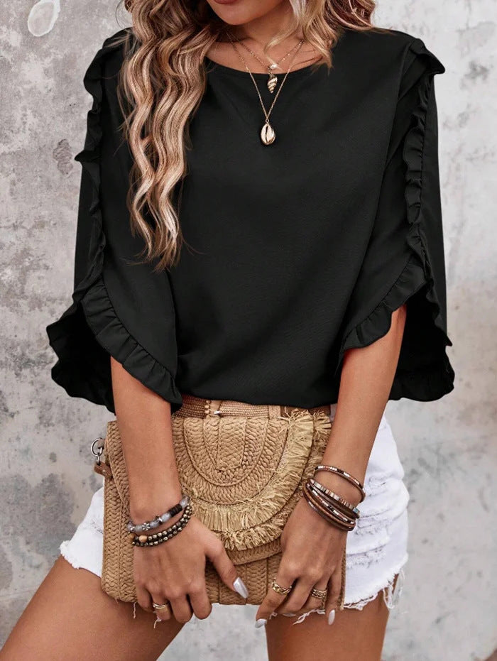 Damen Leichtes Rüschen‑Cape‑Top mit weitem Fledermausärmel EB