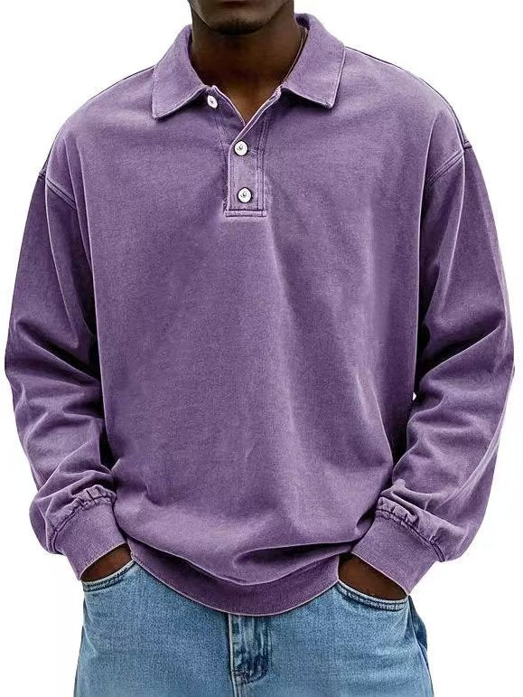 Herren nan lässiges Poloshirt-Sweatshirt mit Kragen, Vintage-Waschung und dreiteiliger Knopfleiste EB