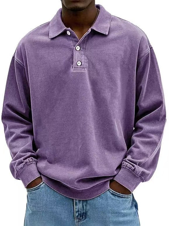 Herren nan lässiges Poloshirt-Sweatshirt mit Kragen, Vintage-Waschung und dreiteiliger Knopfleiste EB