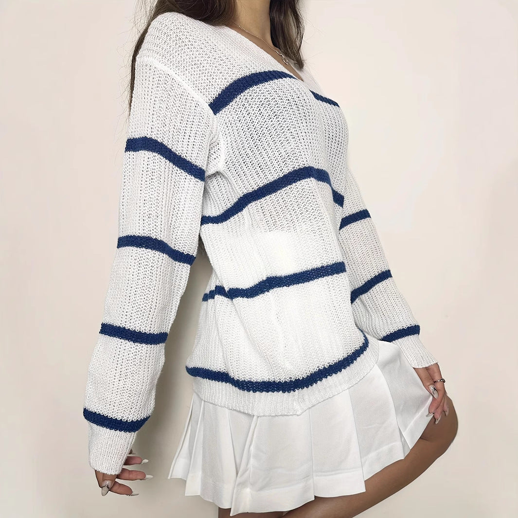 Damen lässiger Strickpullover mit Streifen EB