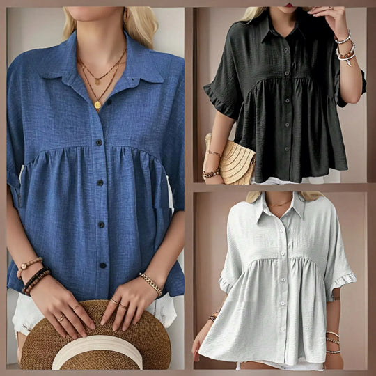 Damen Fließendes Kurzarmblusenshirt mit Rüschendetails EB