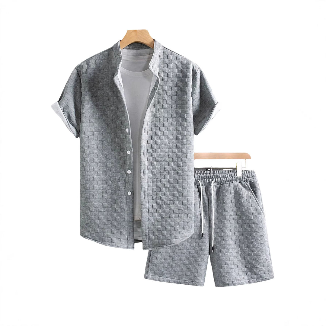 Herren nan zweiteiliges Sommerensemble mit Stehkragen-Hemdjacke und elastischen Komfort-Shorts in geprägter Karo-Textur EB