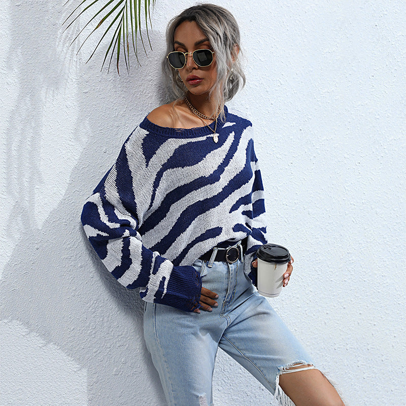 Damen Oversized Strickpullover mit modernem Zebra-Design und weitem Schnitt EB