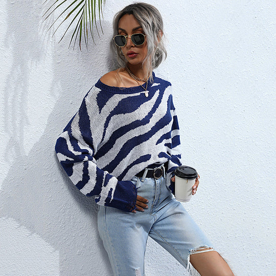 Damen Oversized Strickpullover mit modernem Zebra-Design und weitem Schnitt EB