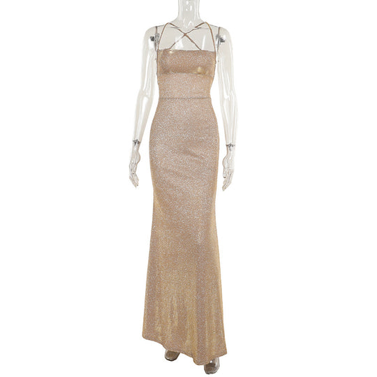Damen figurbetontes Glitzer-Maxikleid mit Spaghettiträgern und seitlichen Raffungselementen EB