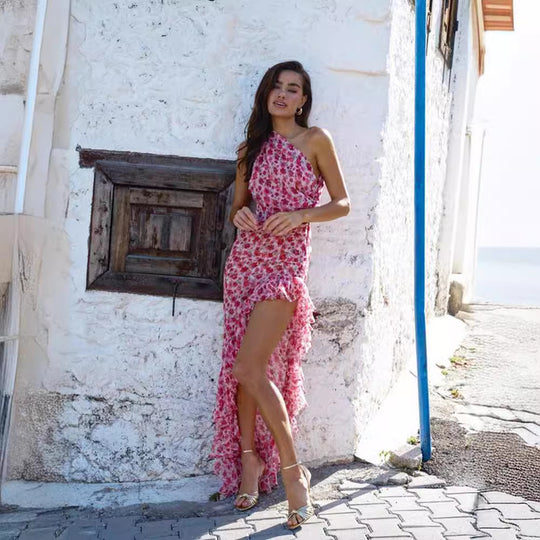 Damen asymmetrisches Sommerkleid mit Blumenmuster und Raffungen EB