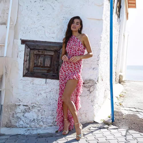 Damen asymmetrisches Sommerkleid mit Blumenmuster und Raffungen EB