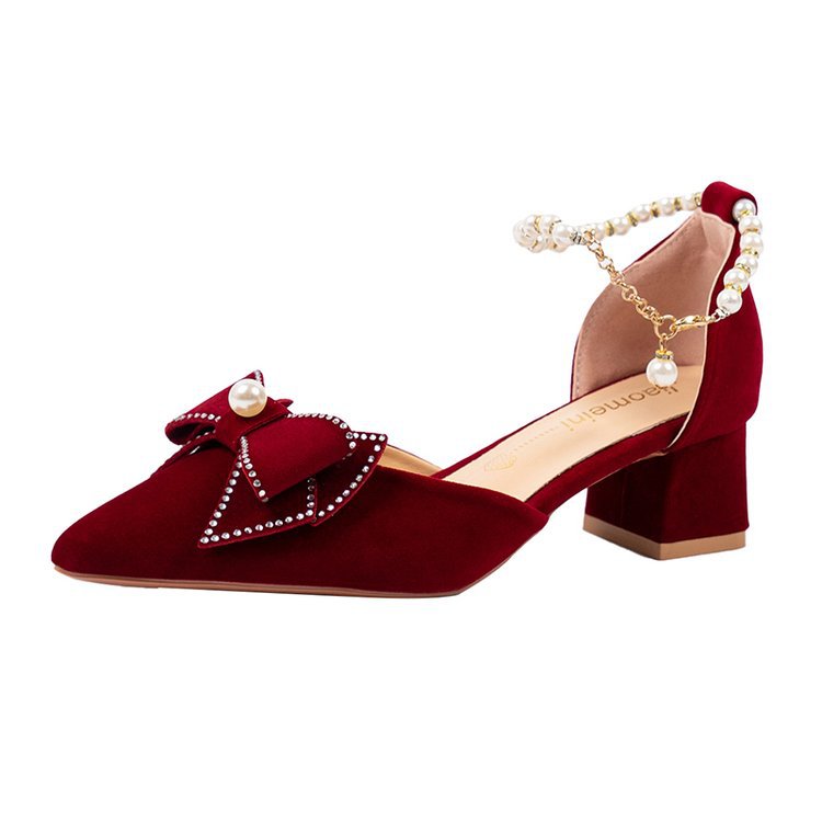 Damen elegante Pumps mit Perlenschleifen und Blockabsatz EB