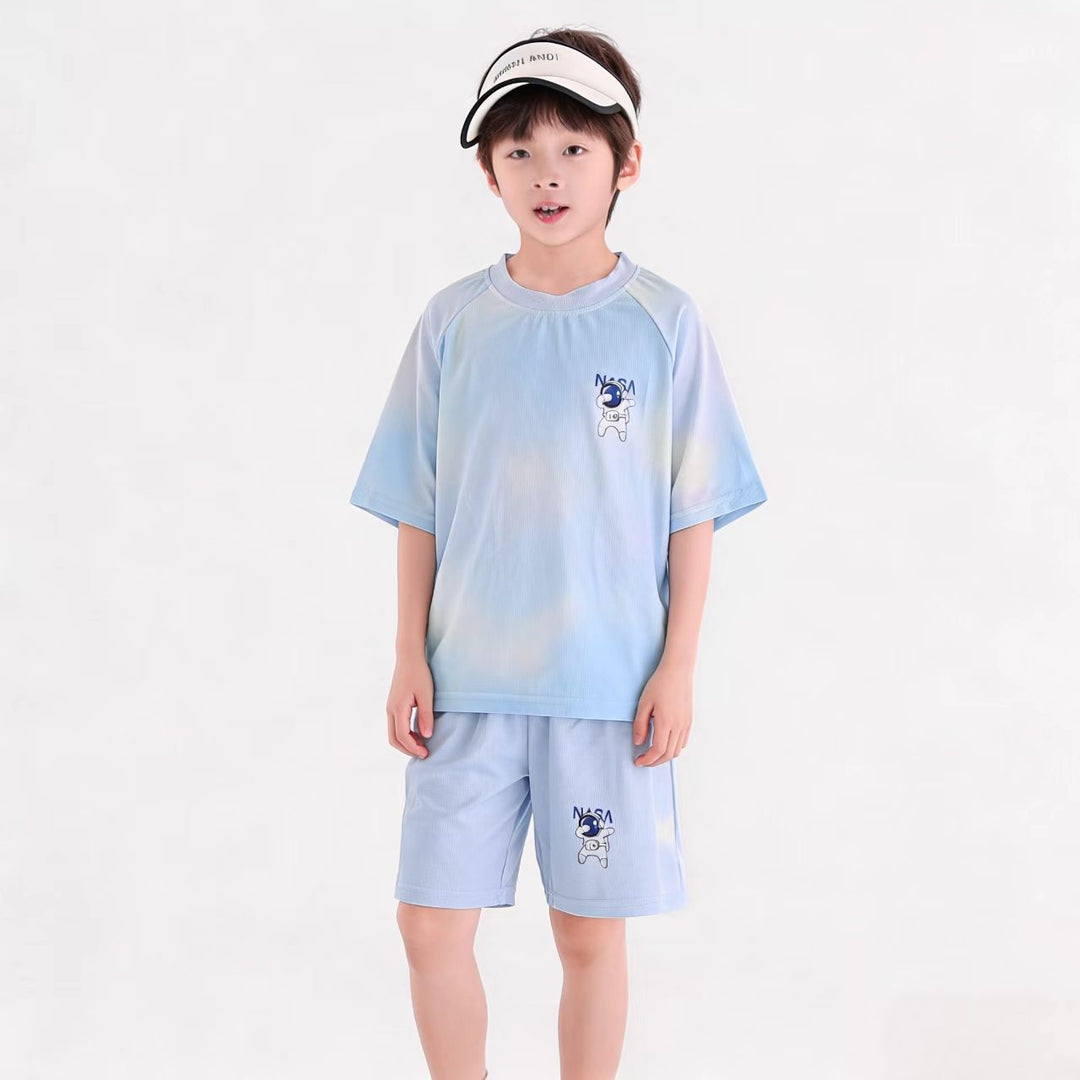 Damen nan atmungsaktives Kinder Sportset mit kurzarm Shirt und elastischer Bundshorts R&B