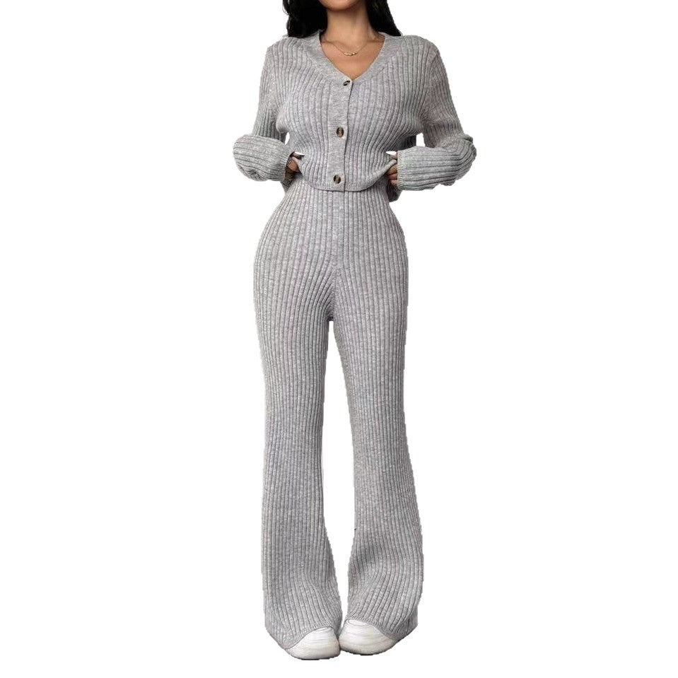 Damen Strick-Ensemble mit V-Ausschnitt und weitem Bein EB