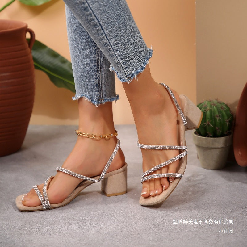 Damen Elegante Sandalen mit funkelnden Riemen und blockiertem Absatz EB