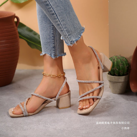Damen Elegante Sandalen mit funkelnden Riemen und blockiertem Absatz EB