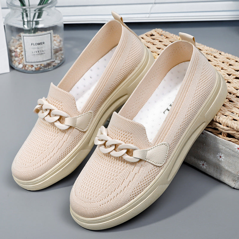 Damen nan komfortabler Strick-Slip-On Loafer mit elastischem Einstieg, dekorativer Kettenapplikation und stoßdämpfender EVA-Leichtsohle EB