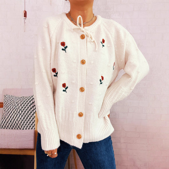 Damen Strickjacke mit floralem Stickdesign und Knopfverschluss EB