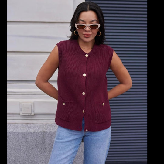 Damen Strickweste mit Knopfleiste und praktischen Taschen EB