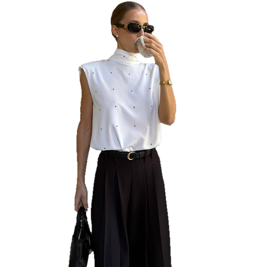 Damen Elegantes Oberteil mit hohem Kragen und feinen Punkten EB