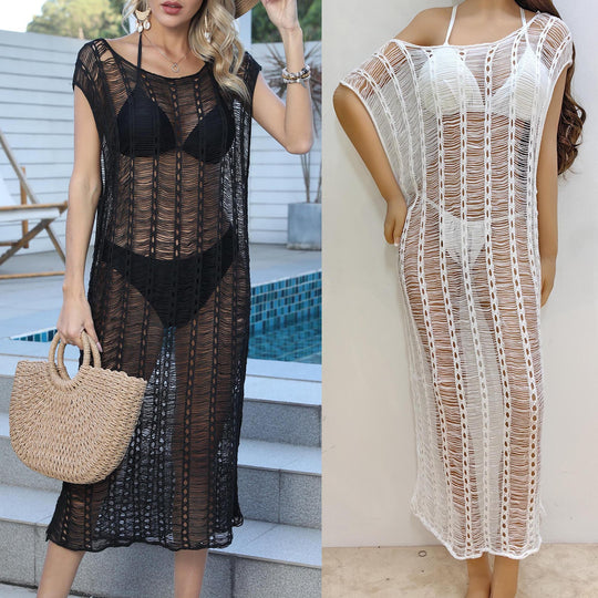 Damen transparenter Häkelstrandüberwurf mit fransigen Details EB