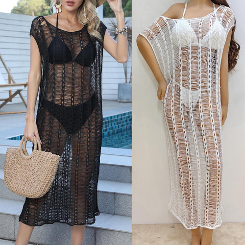 Damen transparenter Häkelstrandüberwurf mit fransigen Details EB