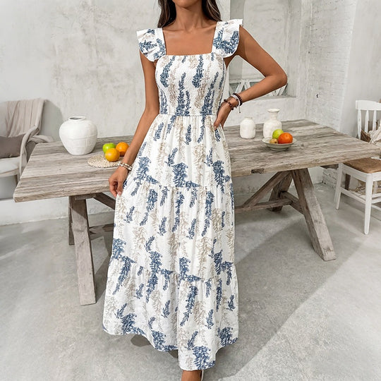 Damen Elegantes Maxi-Kleid mit floralem Print und schulterfreien Rüschenärmel EB