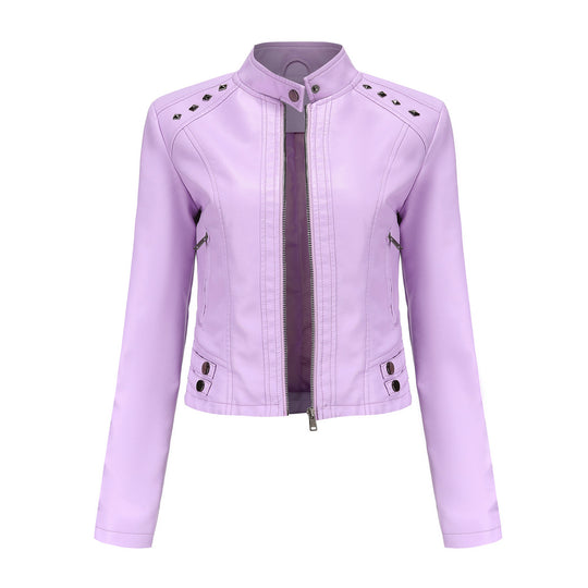 Damen nan kurze taillierte Kunstlederjacke mit Nietenbesatz und Stehkragen EB