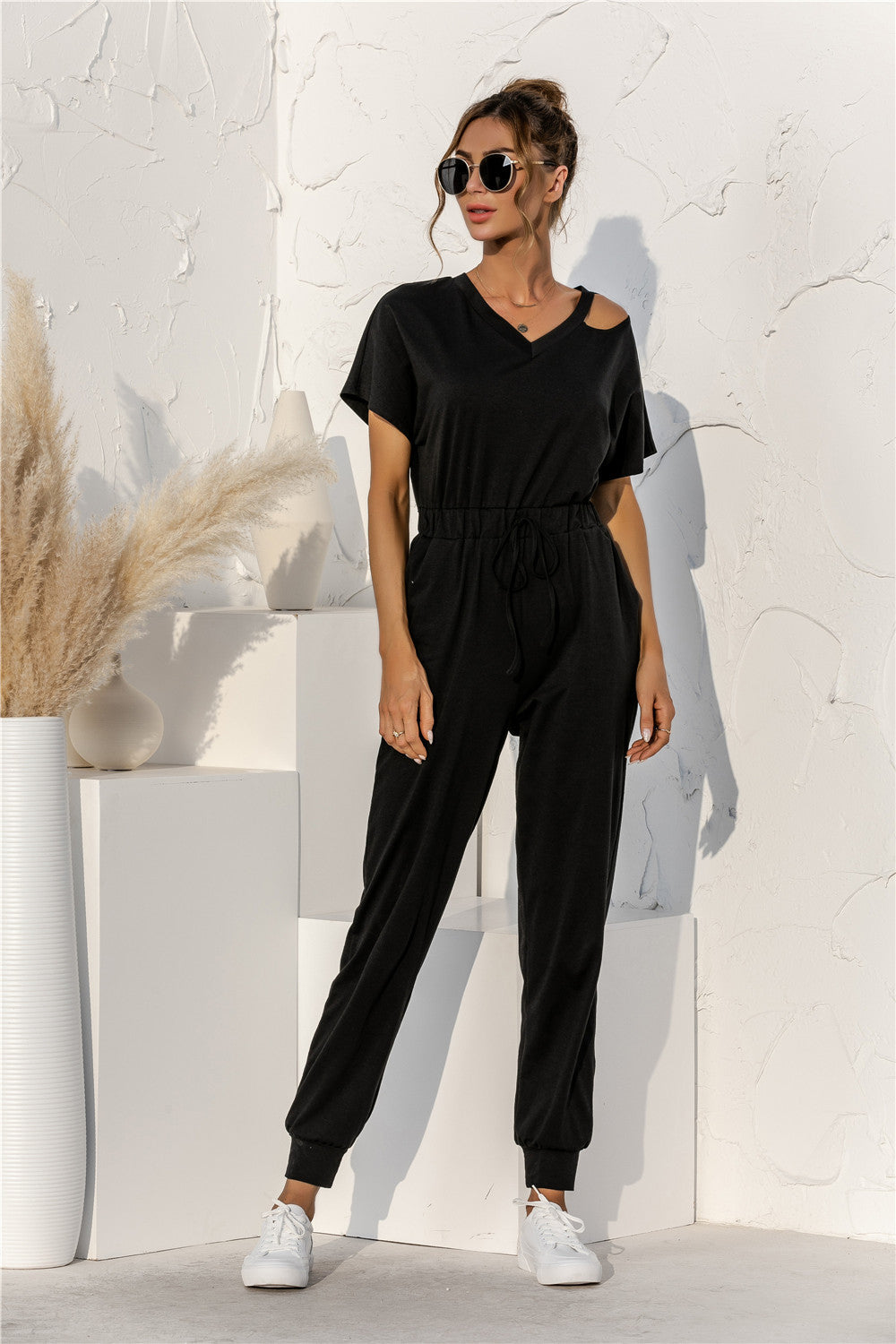 Damen Relaxed Fit Overall mit Kordelzug und Schulterfreies Design EB